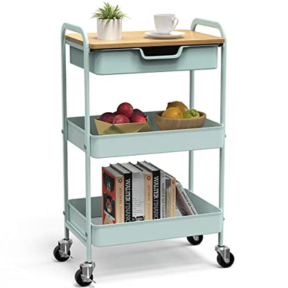 3 Tier Rolling Cart, Utility Cart with Drawer& Table Top, Mint Green - color: Mint Green