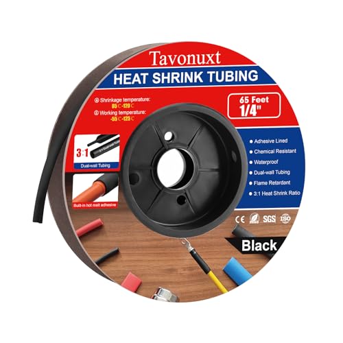 1/4" 65ft 3:1 Heat Shrink Tubing with Adhesive Lining - Marine Grade, Ideal for Home, Automotive, and Industrial Use - Black - size: 1/4 Inch, style: 65ft - Balck