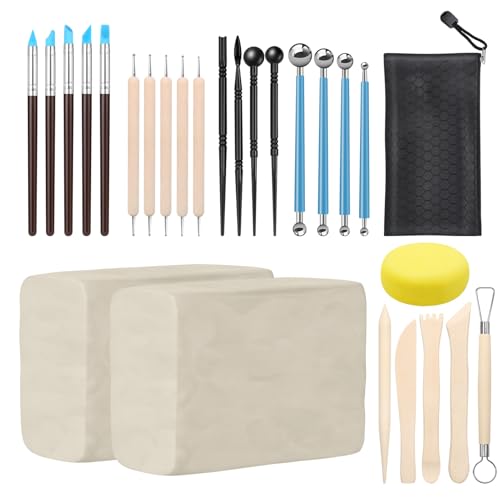 ZEHIQ White Air Dry Clay 2.2 lbs with 25pcs Pottery Sculpting Tools Set - color: 2.2lbs white + tools