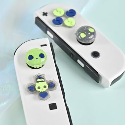 GeekShare Silicone Cross D-Pad Button Caps Set Joystick Cover - Cute ABXY Key Buttons Sticker Compatible with Switch/OLED Joy Con - Black & Green Skull - size: Switch / OLED Green