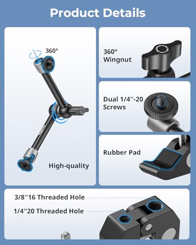 SMALLRIG Magic Arm Clamp w/ 1/4 and 3/8 Thread Holes, 9.8 Inches Adjustable - size: 9.8''+phone clamp