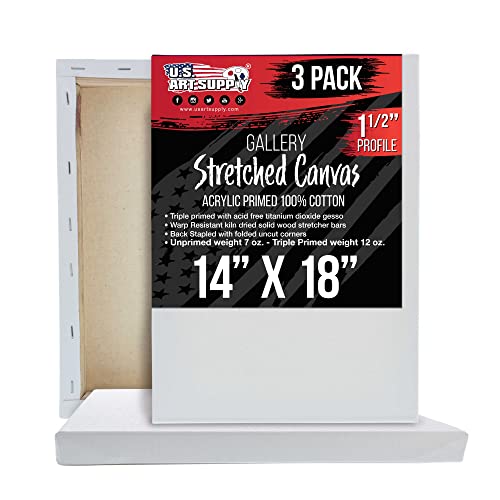 U.S. Art Supply 14"x18" Stretched Canvas for Painting, Gallery Depth 3-Pack - size: 14" x 18"