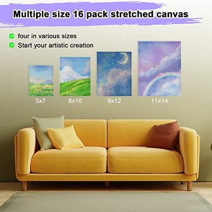 Inburit 16 PCS Multi Size Stretched Blank Canvas for Acrylic & Oil Painting - size: 16PCS+(4sizex4)