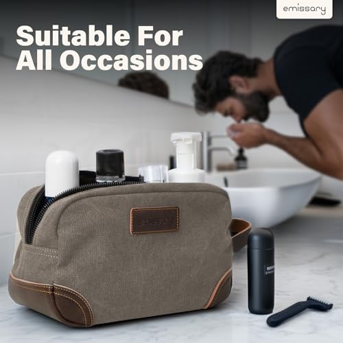 emissary Men's Canvas Travel Toiletry Bag, Leather Dopp Kit - Light Gray - color: Light Gray