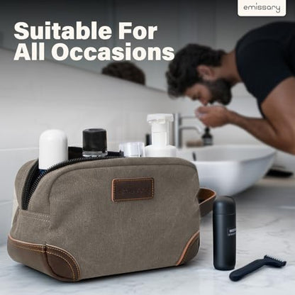 emissary Men's Canvas Travel Toiletry Bag, Leather Dopp Kit - Light Gray - color: Light Gray