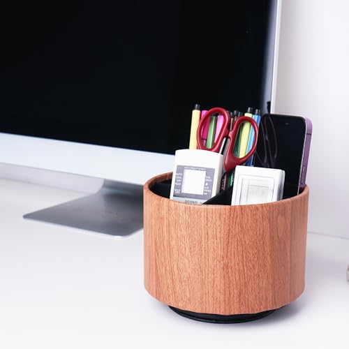 Round Leather Art Supply Organizer,Remote Control Holder,360 Degree Spinning,Multi-Functional Pencil Holder,4 Compartments Desktop Stationary Organizer(1-Thin Wood Ligh Brown) - color: 1-Thin Wood Ligh Brown