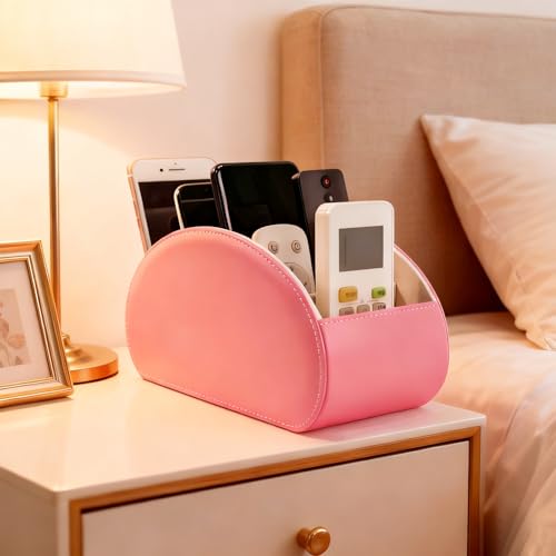 BONNY DODO Remote Control Holders Organizer Box with 5 Compartment PU Leather Multi-functional Office Desk Storage Caddy Store (Pink) - color: Pink