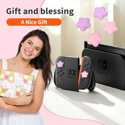 PERFECTSIGHT Cute Star Thumb Grip Caps for Switch 2, PS5, PS4, Xbox Series X/S, Xbox One, Switch PRO Controller, 4PCS Kawaii Soft Rubber 3D Analog Thumbsticks Grips Joystick Cover (Pink+Purple) - color: Pink+Purple Star