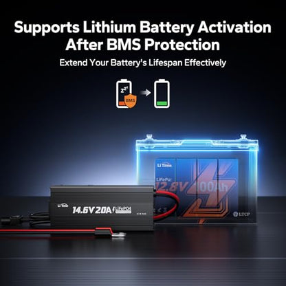 LiTime 12V 20A Lithium Battery Charger for 12.8V LiFePO4 Batteries, AC-DC