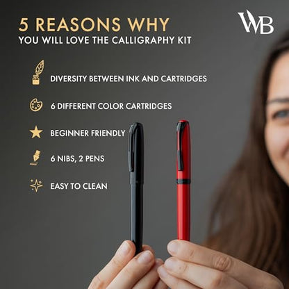 Wordsworth & Black Calligraphy Kit for Beginners, 2 Ink Pens, 5 Nibs, Black - color: Red Black