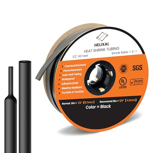 1/2" 12.7mm HELIXAL 3:1 Heat Shrink Tubing Adhesive Dual Wall 60ft Roll - color: 3:1 - Black - Large, size: 1/2" - 60 Feet