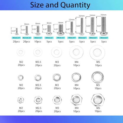 320 Pcs Small Metric Machine Screws Assortment Kit - M2/M2.5/M3/M4/M5 Assorted Nuts and Bolts, Lock & Flat Washers for Electronics, RC Models, DIY Projects - size: M2M2.5M3M4M5 320pcs