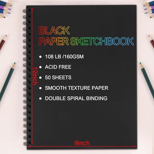 2 Pack Black Paper Sketchbook, 9 × 12 in, 100 Sheets, 160gsm Spiral Bound - size: 9×12 Inch (2 Pack )