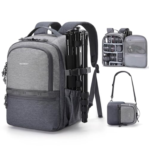 BAGSMART 2 in 1 Small Camera Backpack for DSLR, Fits 12.9" iPad, Gray - color: Gray