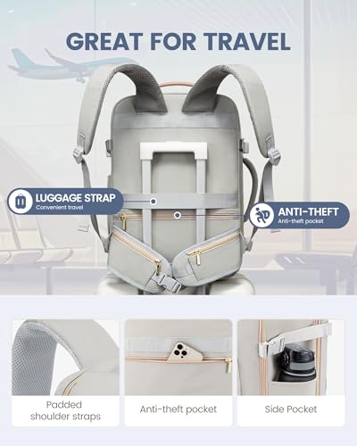 LOVEVOOK 40L Travel Backpack with Waist Strap,Flight Approved Carry on Backpack,Waterproof Personal Item Travel Bag,TSA Carry on Luggage Suitcase Travel Essentials,Gifts for Women & Men,fit 17" Laptop - color: A-light Gray-pink, size: Large-40L-4Pcs(Waist
