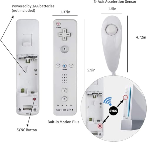 TechKen Motion Plus Wii Controllers 2Packs with Nunchucks, Wii Remote Controllers Compatible for wii and Wii U with Built in Motion Plus - color: black+white