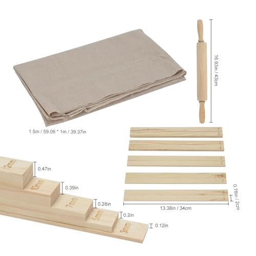 12 Pcs Pottery Tools Kit, Wood Rolling Pin Sculpting Polymer Clay Tools, Portable Pottery Wedging Board/Linen Tablecloth, 10 Pcs 5 Size Pottery Teaching Rolling Mud Stick Guide (Tablecloth)