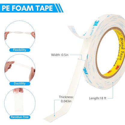 3M 1600T Double Sided Tape, 0.5 in x 18 ft White PE Foam Tape - size: 0.5" x 18Ft