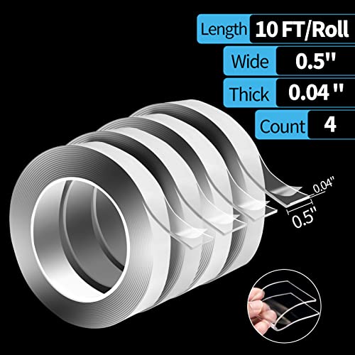 Art3d Traceless Double-Sided Tape, 1/24" x 1/2" x 10', 4 Rolls, Crystal - size: 1/24" x 1/2" x 10'