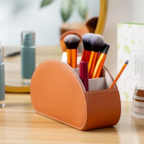 Remote Control Holders Organizer Box with 5 Compartment PU Leather Caddy - color: Brown, size: S