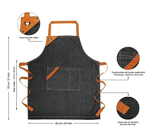 100% Cotton Denim Kitchen Apron with Pocket and Adjustable Neck with Long Ties Apron 25" X 31" for Women Men Chef Cooking, Baking, Gardening, Black
