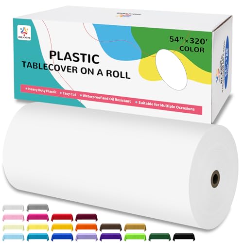 54IN X 320FT Plastic Table Cover Roll with Cutter Box, Cut to Size Plastic Table Cloths for Parties, Birthday, (White, 54"x3840"(Rectangular)) - color: White, size: 3840" x 54" (Rectangular)