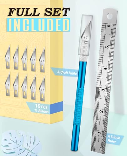 DIYSELF Precision Craft Knife with 10 Extra #11 Blades, 6-Inch Metal Ruler - color: Blue-10blades