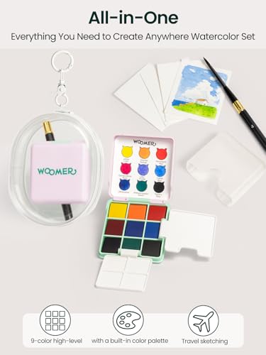 Woomer 9-Color Travel Watercolor Pan Set with Brush, Cup & Display Pouch