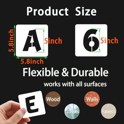 BAMIDELE 5 Inch Letter and Number Stencils, 40 Pcs Reusable Plastic Alphabet Spray Paint Stencils for Painting on Wood, Wall, Fabric, Rock, Chalkboard, Door Porch, Signage, DIY Craft Decoration - size: 5 Inch