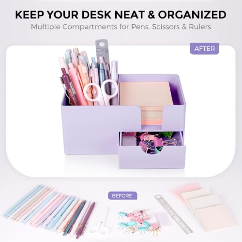 SKYDUE Small Desk Organizer with Sticky Notes Holder,Pen Holder for Deskc - color: Purple