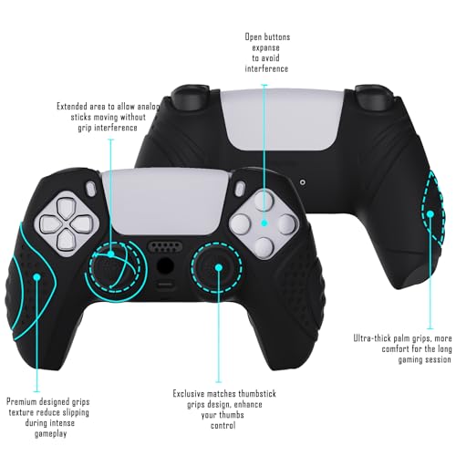 eXtremeRate PlayVital Guardian Edition Black Ergonomic Soft Anti-Slip Controller Silicone Case Cover for ps5, Rubber Protector Skins with Black Joystick Caps for ps5 Controller - color: Black