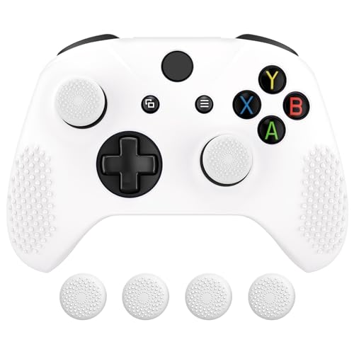 eXtremeRate PlayVital Soft Anti-Slip Silicone Cover Skins for Xbox One X/S Controller and Black Thumb Grips Caps Protective Case for Xbox One X & S Controller - White - color: White