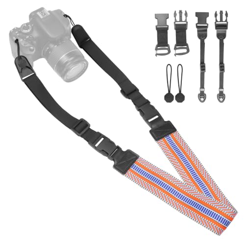 YFWE Adjustable Camera Neck Strap, Vintage Woven Shoulder & Crossbody Camera Strap with 4 Connection Ways, Anti-Slip Camera Strap for DSLR, Mirrorless & Camcorder, Travel & Outdoor Photography Gear - color: Striped Multicolor Blue