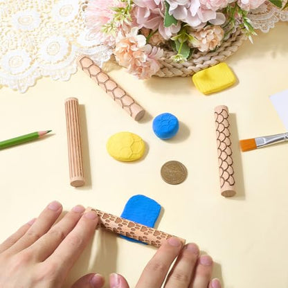 CREATCABIN 4 Pcs Wooden Clay Texture Rollers Pottery Stamp Roller Tools Sector Straight Line Paw Hexagon Pattern Textured Rolling Pins for Modeling Ceramics Painting Handmade Craft Art DIY 3.94 Inch
