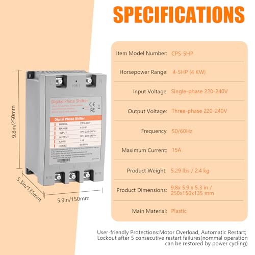 Single Phase to 3 Phase Converter，5HP 220V 3 Phase Converter，220V-240V Input/Output Digital Phase Shift for 5HP Motor - style: 5HP/15A