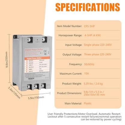 Single Phase to 3 Phase Converter，5HP 220V 3 Phase Converter，220V-240V Input/Output Digital Phase Shift for 5HP Motor - style: 5HP/15A