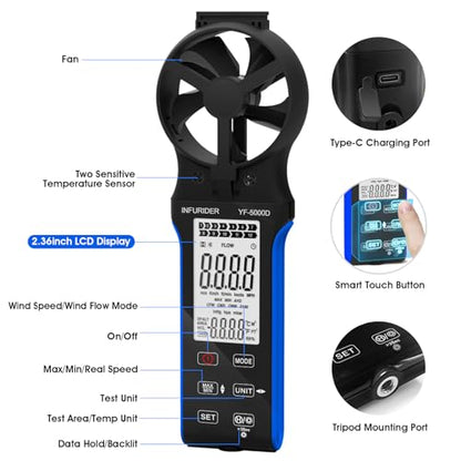 Handheld Anemometer, Anti-dust CFM Meter With Touch Button, Rechargeable Wind Speed Gauge for Air Flow, Chill, Temp Test, Waterproof LCD Backlight - style: 5000D