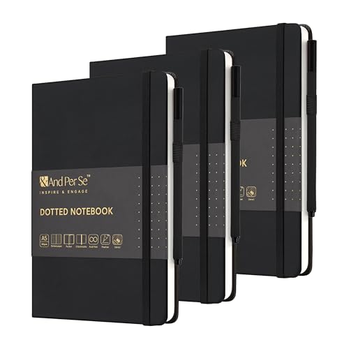 &And Per Se Dotted Journal Notebook 3 Pack, A5 Hardcover with Journal Dotted Pages, Stencils & Pens, 176 Numbered Pages Each for Students Teachers Office (Black) - color: Black, size: 176-Dotted 3 Pack