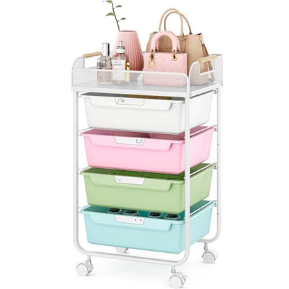 SYKIARIOL 4-Drawer Rolling Storage Cart with Mesh Top,Colourful - color: Colorful
