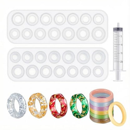 Mudder 2 Pieces Resin Silicone Ring Molds 14 Sizes Ring Circle Jewelry Casting Molds with Syringe in 20 ml for DIY Craft Making