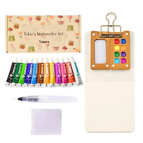 Tobios Mini Watercolor Kit, Travel Watercolor Set, Brush & Sketchbook