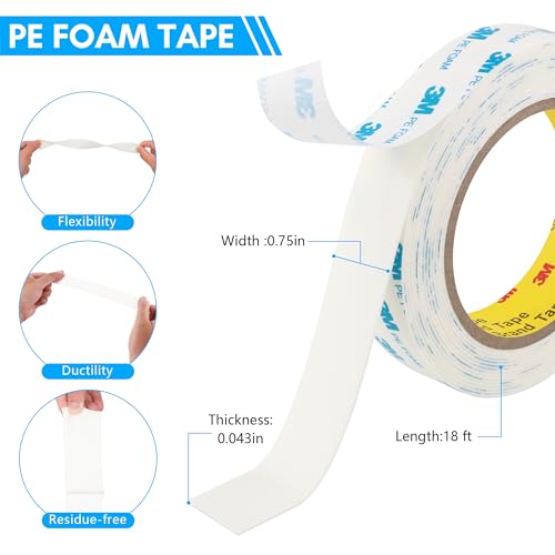 3M 1600T Double Sided Tape, 0.75 in x 18 ft White PE Foam Tape - size: 0.75" x 18Ft