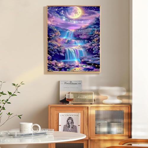 ZeeLionArt Diamond Art Kit, Starry Moonlight Waterfall, 12 x 16 Inch - color: DP04326