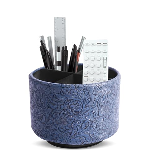 lizimandu Round Leather Art Supply Organizer,Remote Control Holder,360 Degree Spinning,Multi-Functional Pencil Holder,4 Compartments Desktop Stationary Organizer(1-Carved Dark Blue) - color: 1-Carved Dark Blue