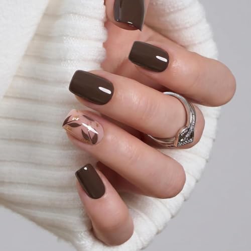 CurvLife Short Square Floral Press On Nails, Botanical Brown, Soft Gel - color: botanical nails