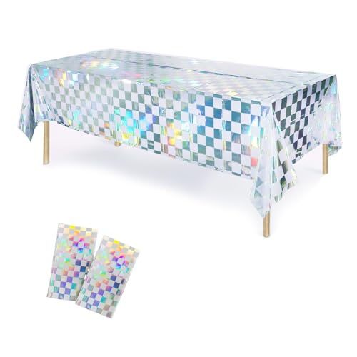 OQOQ White Checkered Iridescent Tablecloth 2 Packs, 54x108 Inches - color: White Checkered