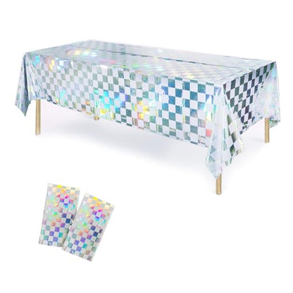 OQOQ White Checkered Iridescent Tablecloth 2 Packs, 54x108 Inches - color: White Checkered