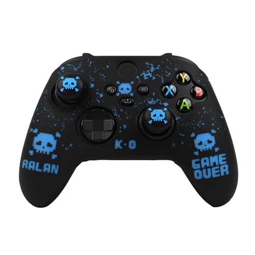 Pixelated Skull Controller Skin Compatible with Xbox Series X Wireless Controller, RALAN Protector Case， Customised Thumb Grips Cap - color: Pixelated Skull Black Blue