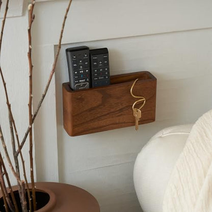 Wooden Remote Control Holder - Adhesive Wall Mount Caddy for 3-4 Remotes - color: Brown