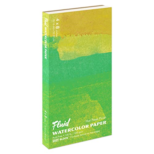 Fluid Watercolor Paper 850048 140LB Hot Press 4 x 8 Block, 15 Sheets, White